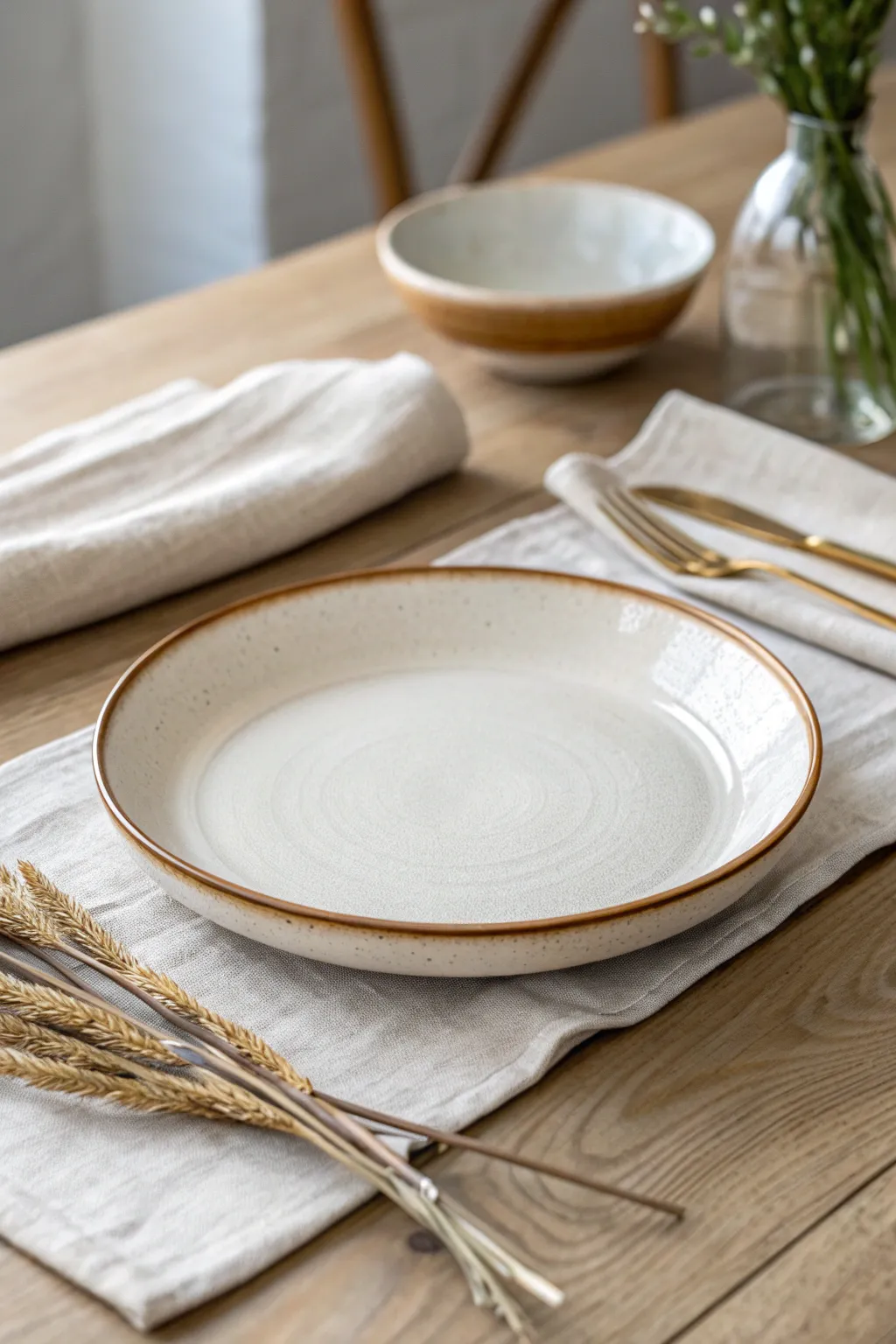 Classic wide rim ceramic platter in warm glossy glaze, minimalist table styling for everyday serving
