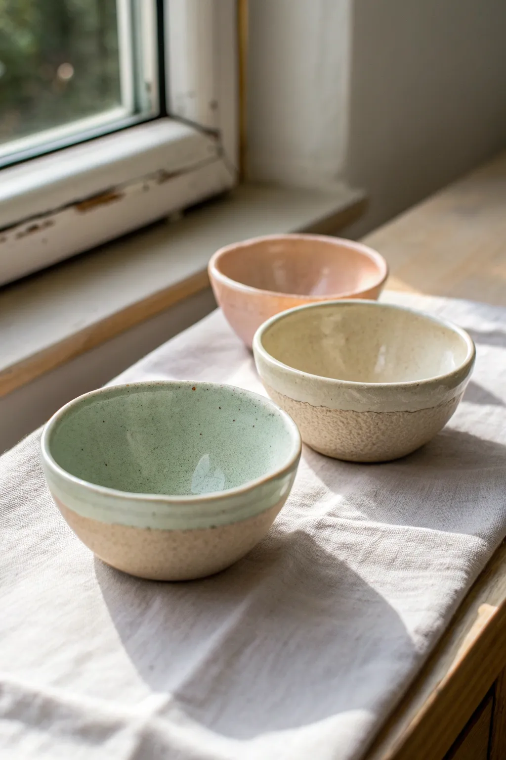 Classic pinch pot bowls in soft tones, wavy handmade rims, styled in bright natural light.