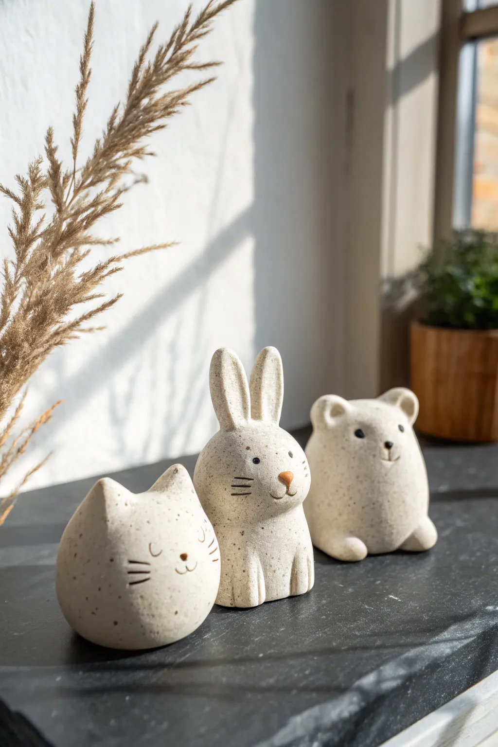 Pinch-pot cat, bunny, and bear trio in matte clay with sweet minimalist carved details.