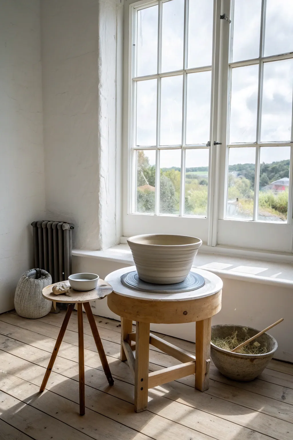 A bright pottery wheel by the window, styled simply with tools nearby for calm studio vibes.
