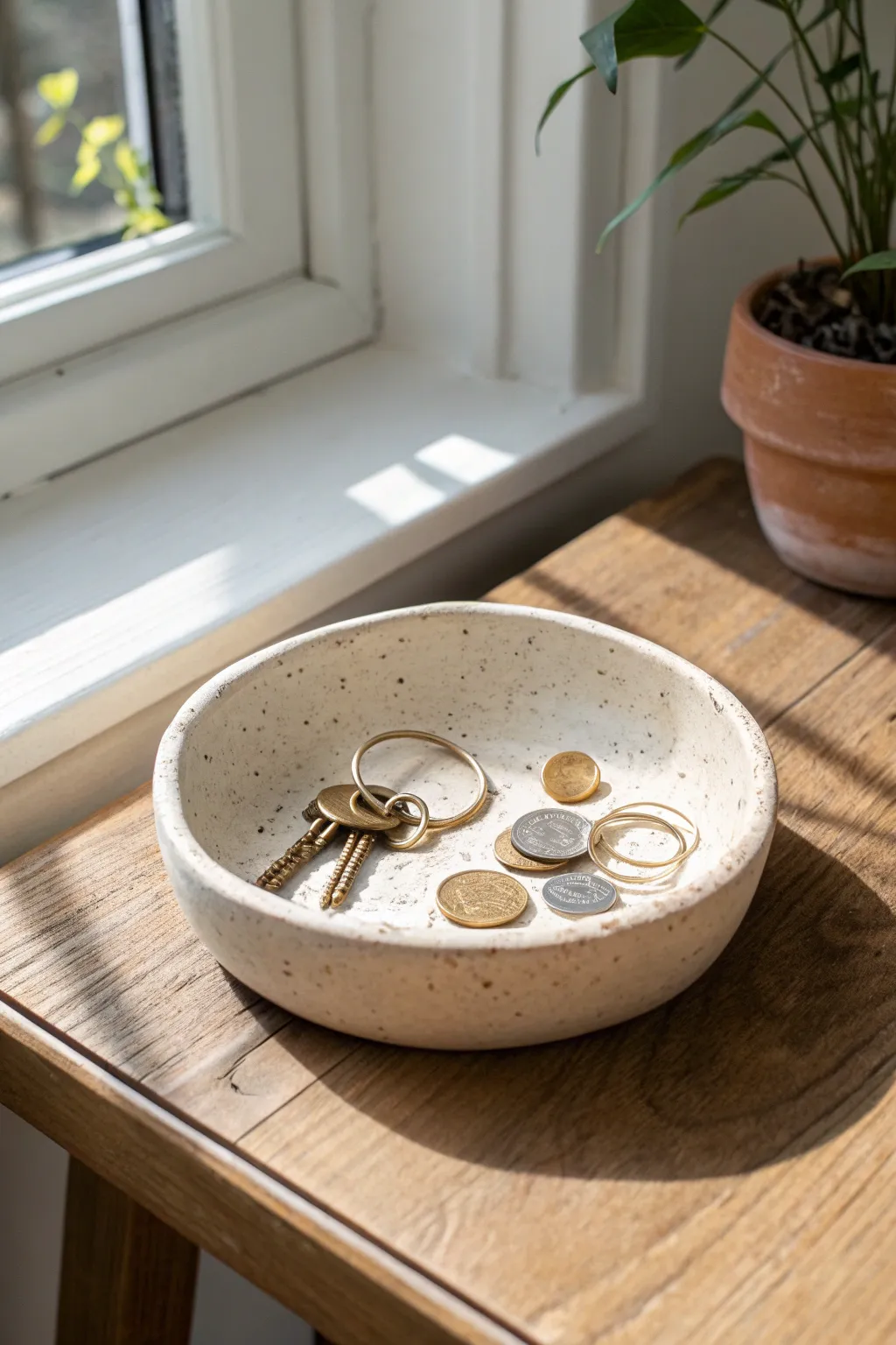 Minimal air dry clay trinket dish to keep keys and coins tidy in a calm, cozy entryway.
