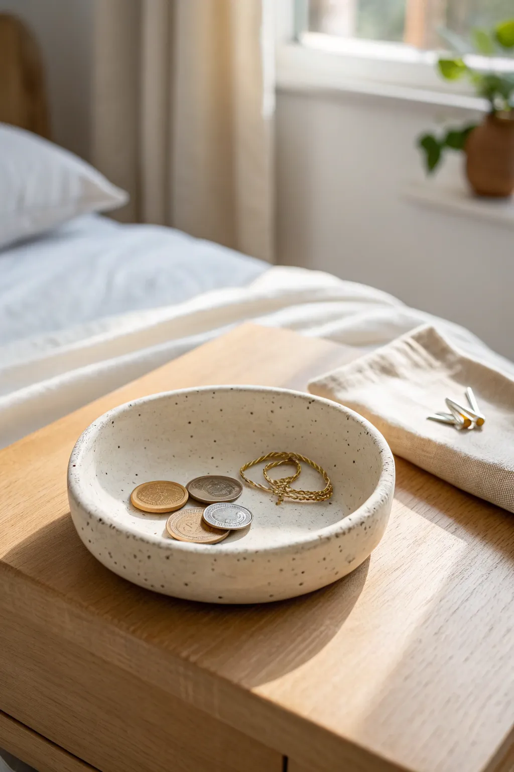 Minimal matte clay trinket dish keeps bedside coins, balm, and pins beautifully organized.