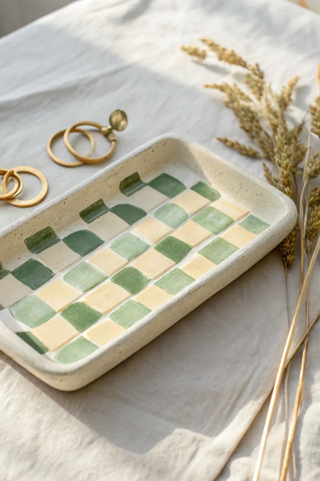 Pastel sage and cream checkerboard trinket tray for a clean, preppy air dry clay look