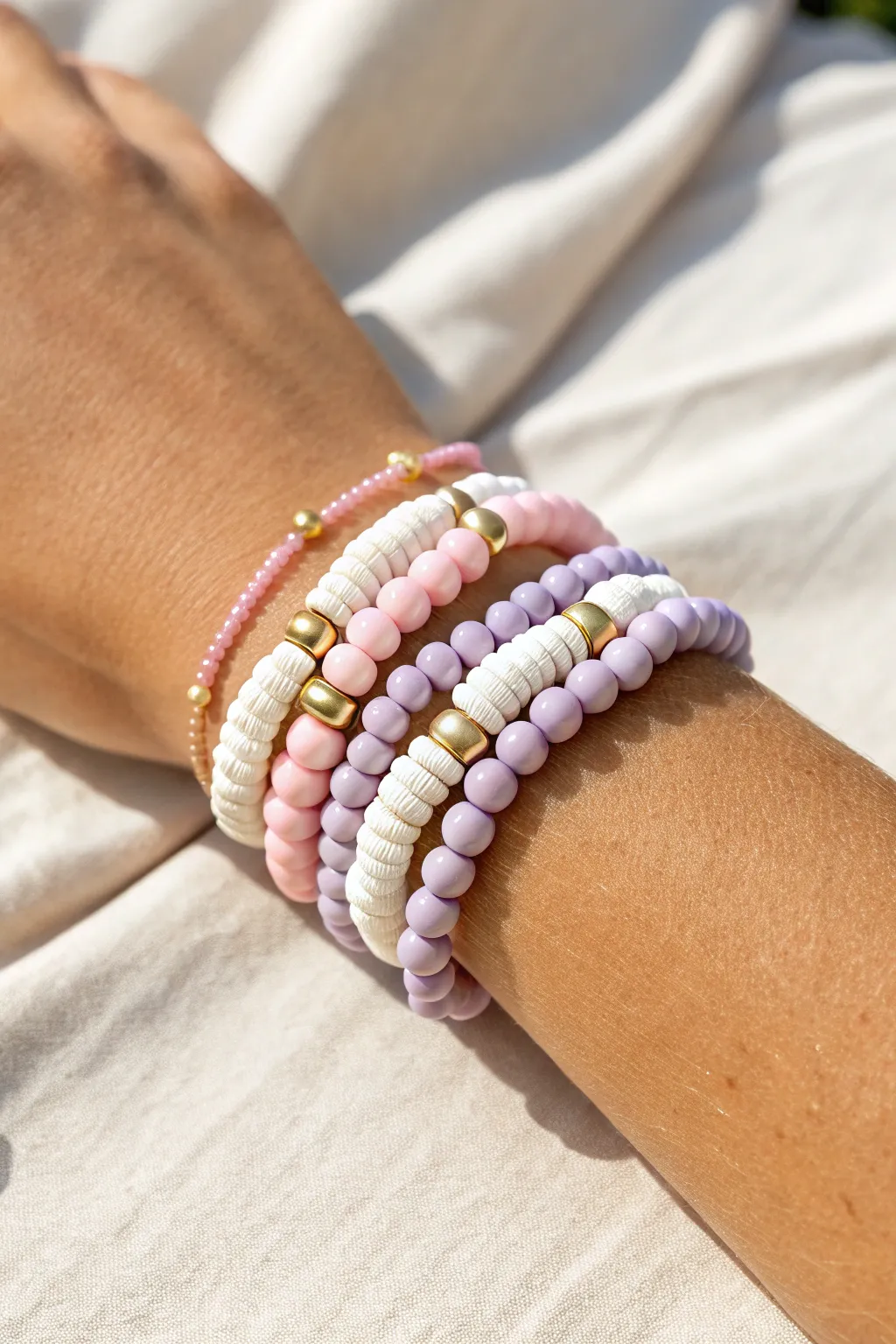Classic preppy stack in pink, white, and purple clay beads for an easy sunny summer vibe.