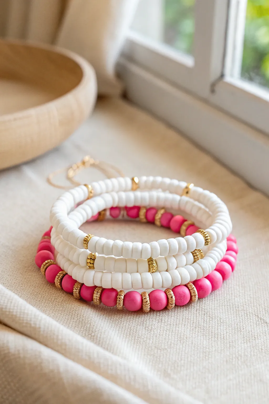 Classic pink, white, and gold clay heishi bracelet stack for a clean preppy look