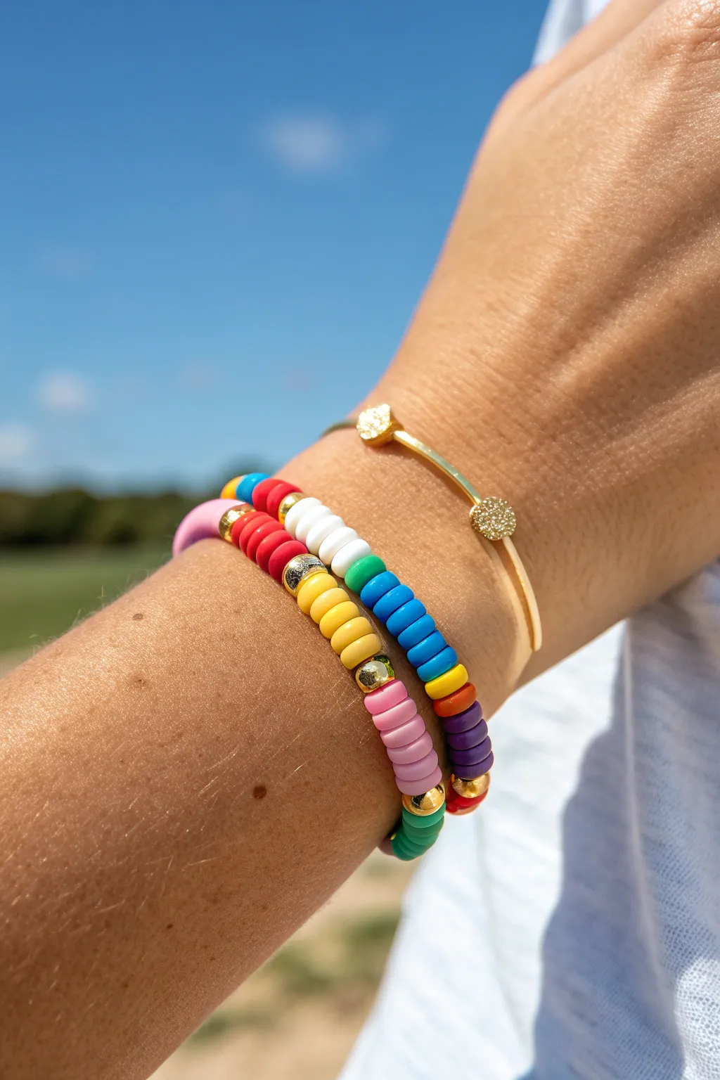 Classic rainbow heishi stack with gold spacers, bright and preppy for sunny summer days