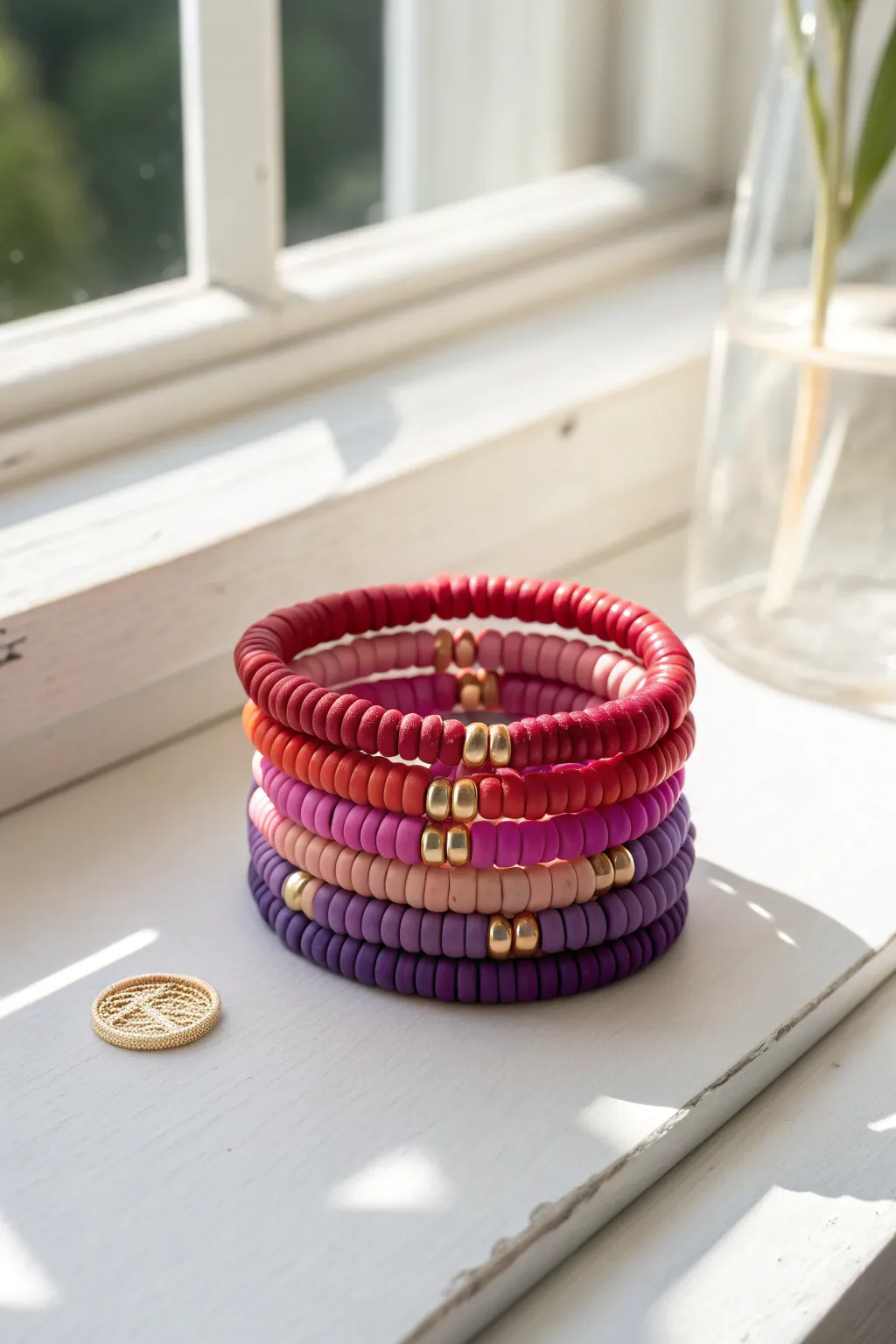 Classic rainbow heishi stack with simple gold accents, bright light, and clean minimalist style