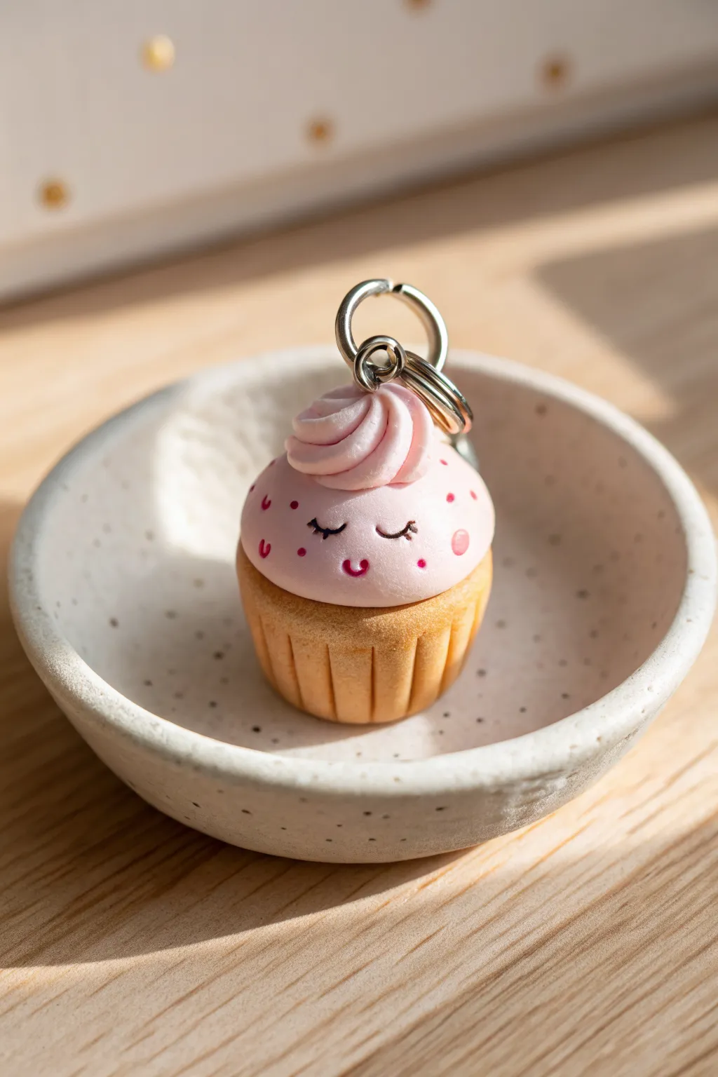 Puffy pastel cupcake charm with a sweet tiny face and sprinkles, styled in minimalist Nordic decor