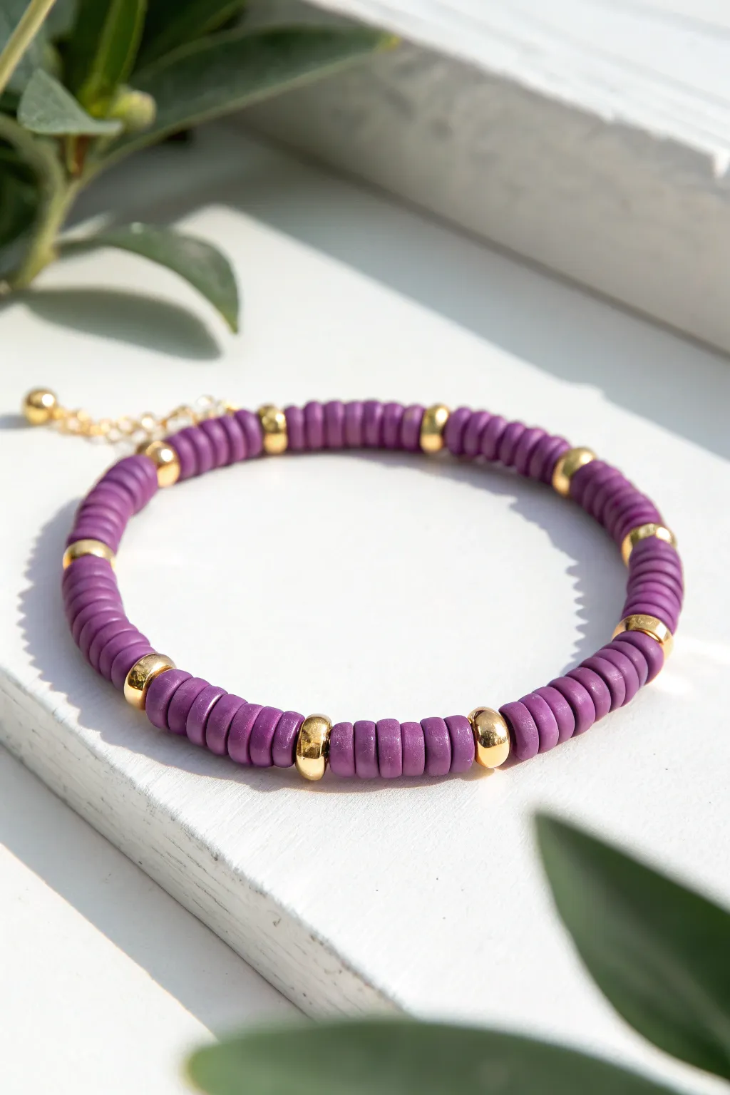 Classic violet heishi bracelet with matte gold spacers for a clean, chic minimalist look