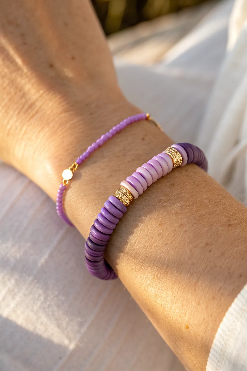 Classic purple ombre heishi bracelet, deep plum to lavender gradient for a clean boho look.