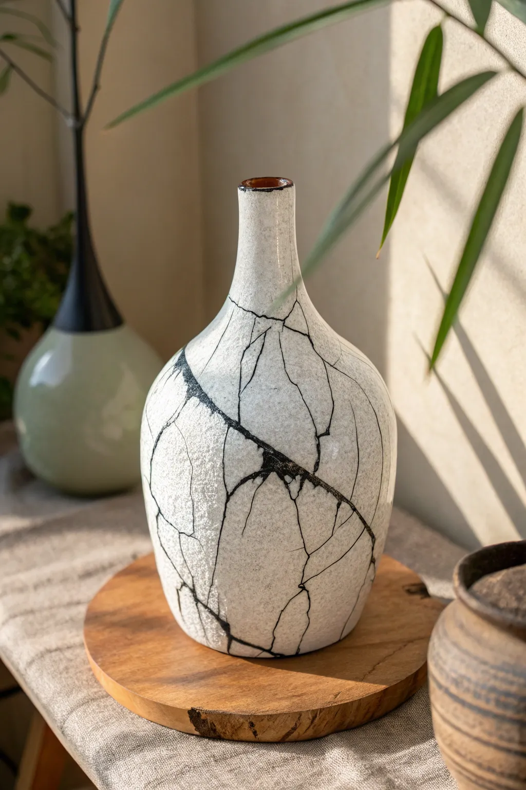 Classic raku crackle vase: bright white glaze with bold black smoke lines on a simple oak stand.