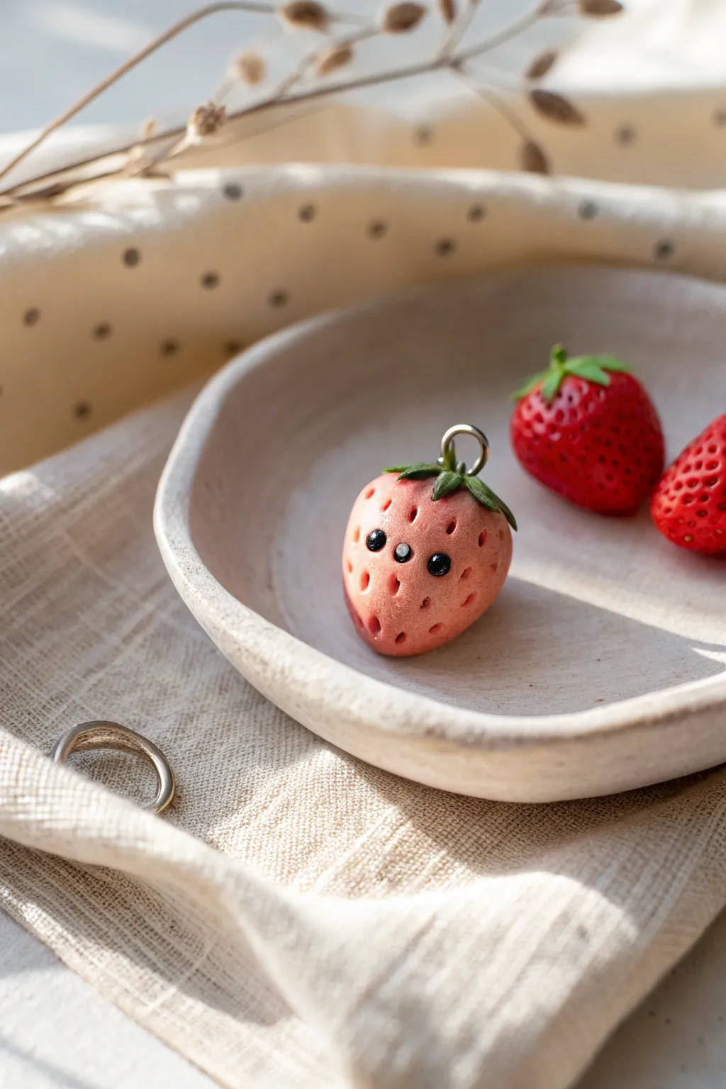 Adorable tiny clay strawberry charm with a sweet face, styled minimal and boho on linen.