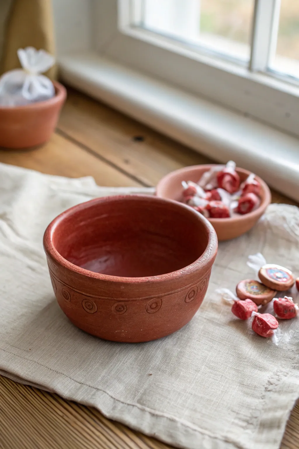 Classic red clay pinch pot trio for rings and sweets, minimalist Scandinavian boho styling.