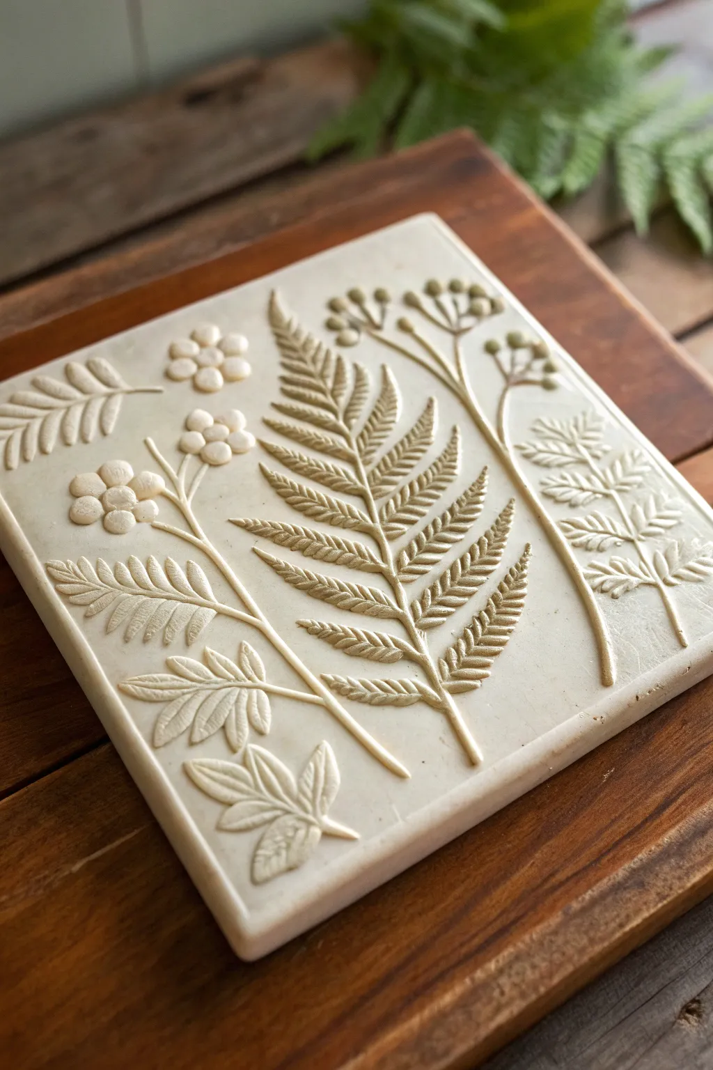 Classic botanical relief tile in satin glaze, letting fern shadows add quiet drama.