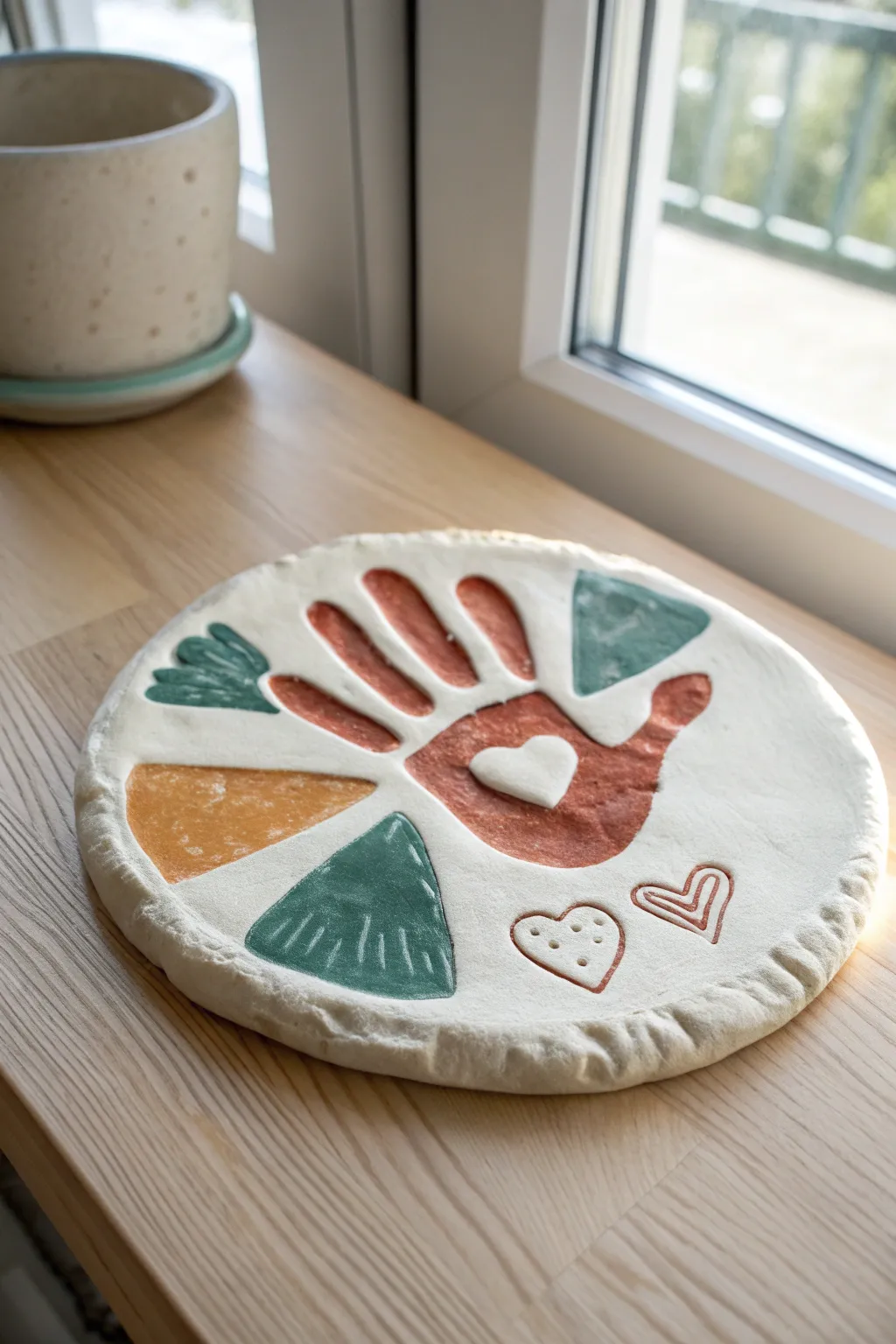 Sweet salt dough handprint plaque in bold earthy colors, a minimalist keepsake for Fathers Day.