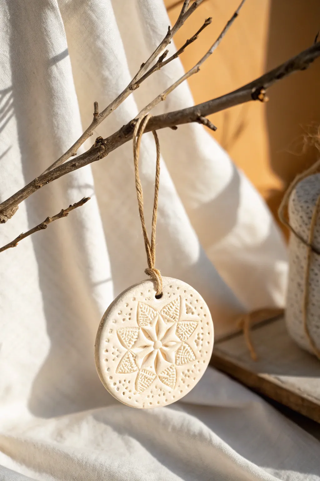 Minimalist stamped salt dough ornament in neutral tones, matte finish, hung on twine for cozy decor.