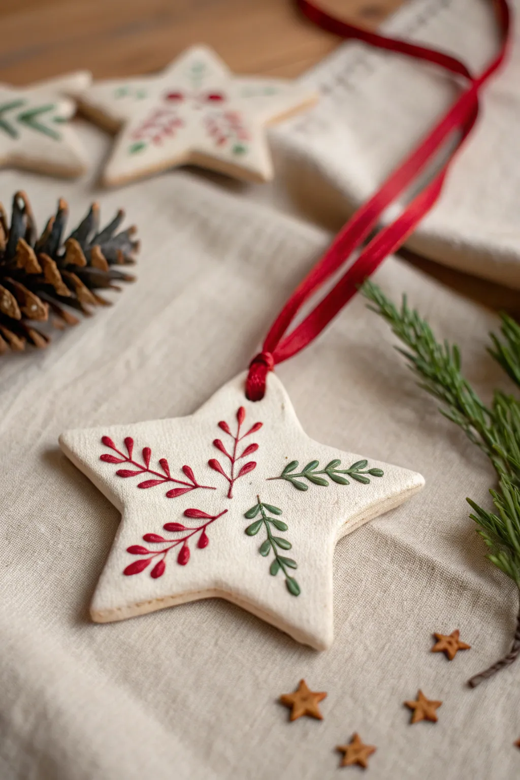 Classic salt dough star ornament with red ribbon, simple Scandinavian holiday charm.