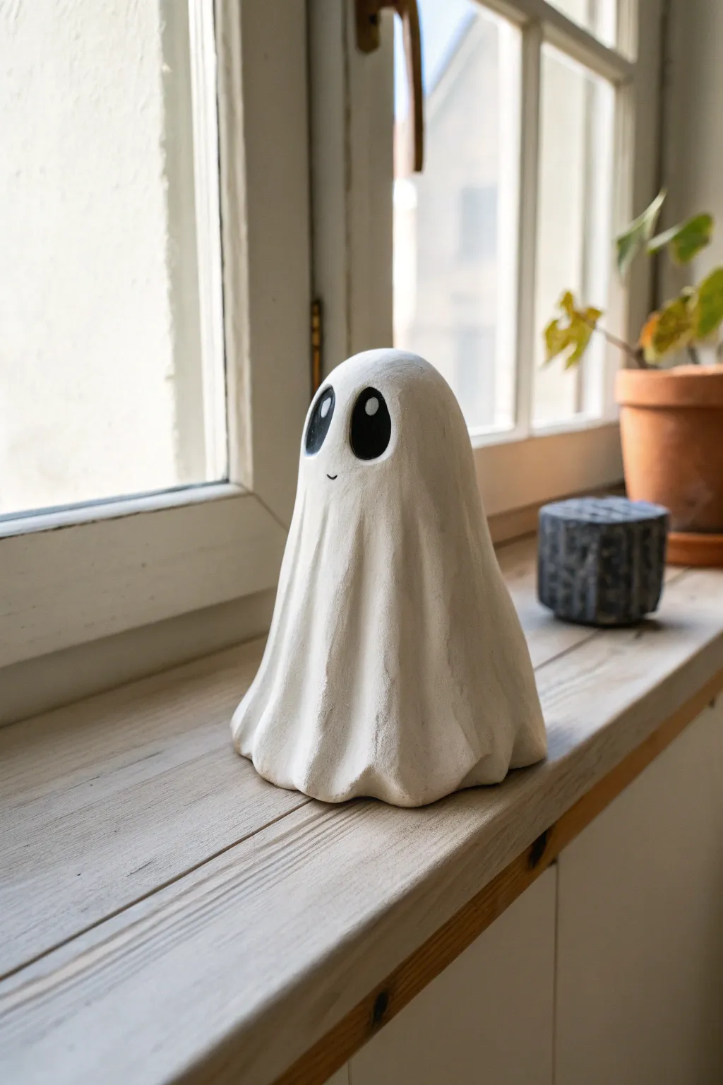 Creepy-cute clay ghost with big dark eyes and soft shading, minimalist Scandinavian-boho vibe.