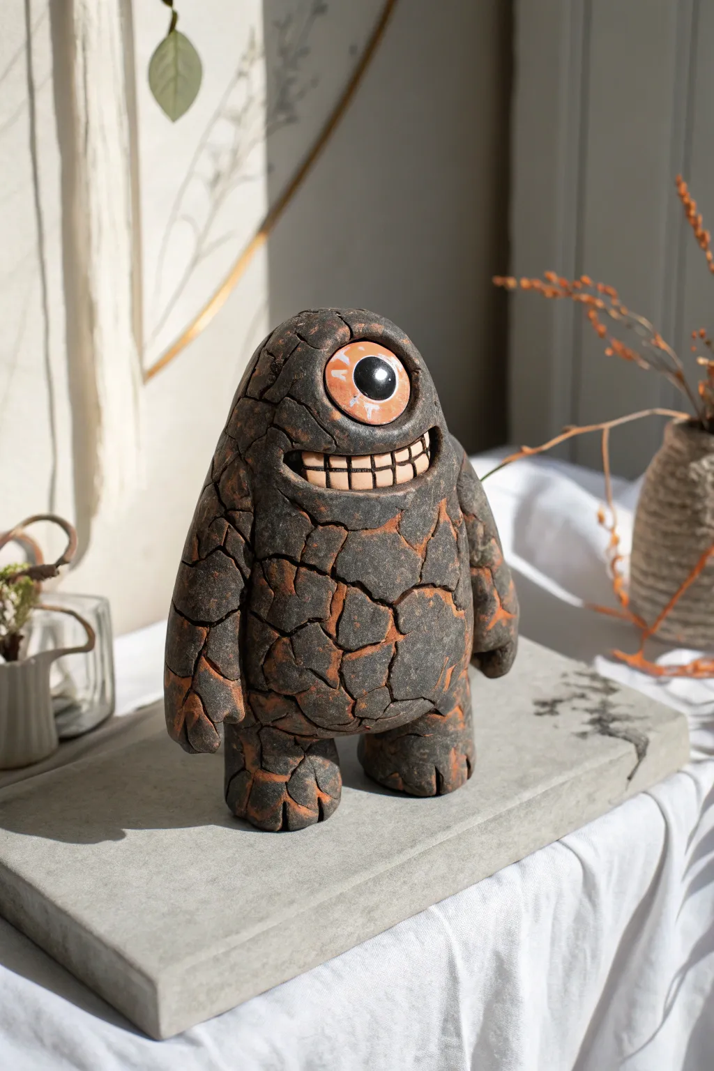 Chunky cyclops clay brute with glossy eye and cracked texture, minimal Nordic styling