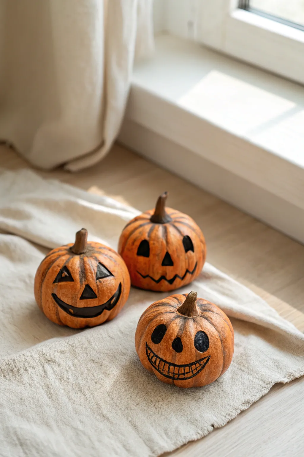 Three mini clay jack o lantern pumpkins with spooky faces, cozy minimalist Halloween decor