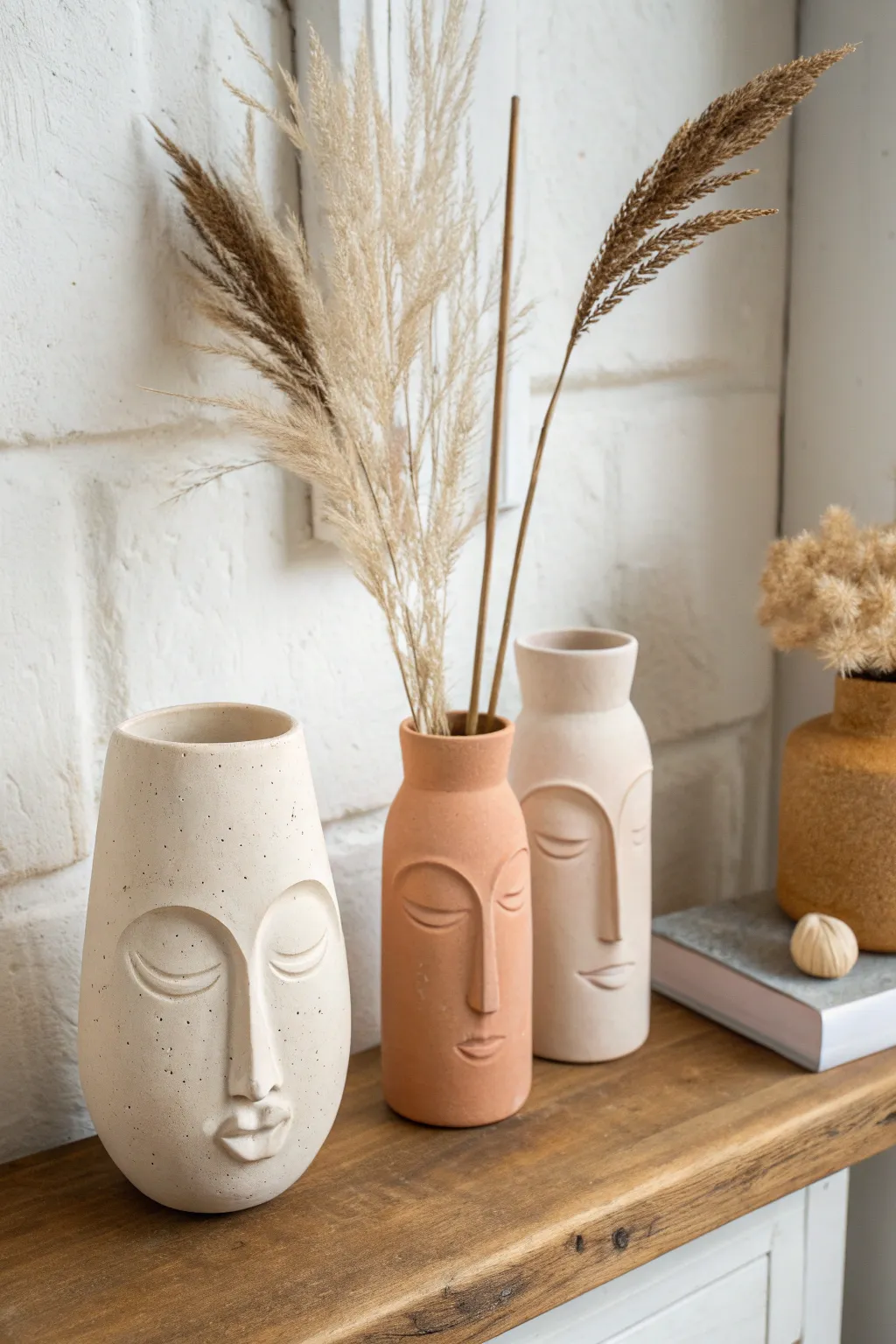 Matte neutral face vases with dried stems, minimalist boho decor and handcrafted charm