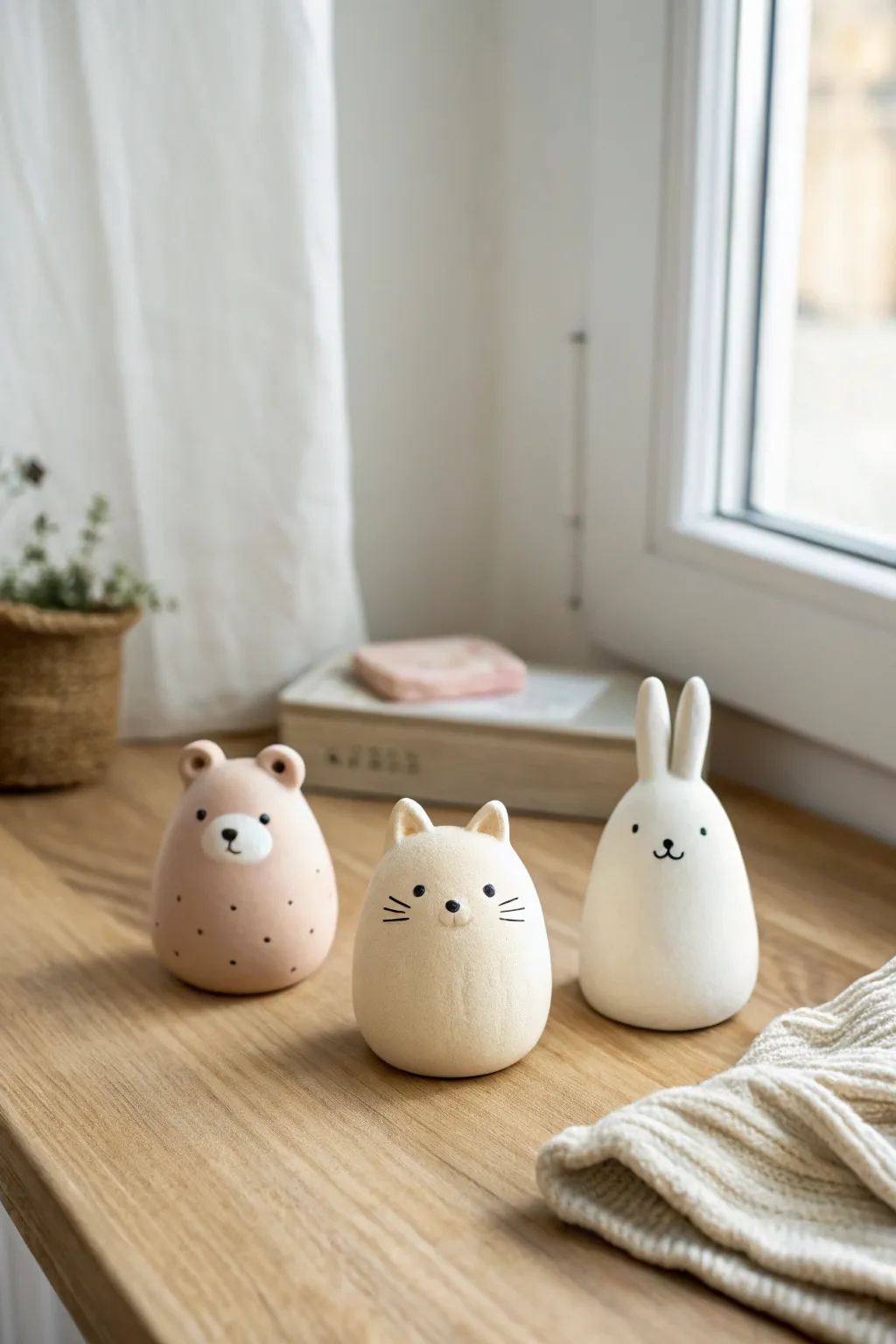 Cute blob animal trio in soft pastel clay, simple shapes that feel totally doable for beginners.