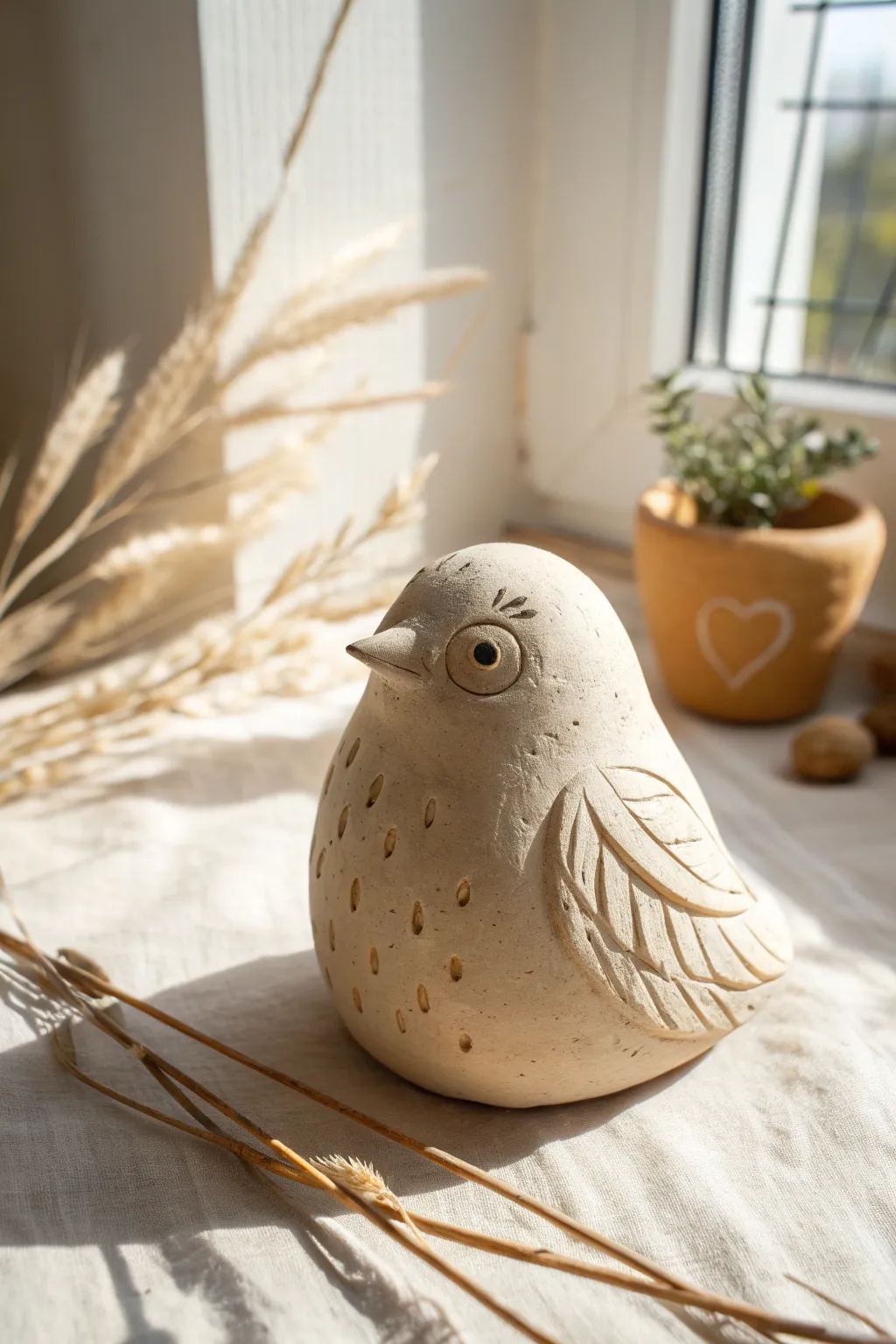 Simple pinch pot bird figurine in natural clay, minimalist styling with warm handmade texture