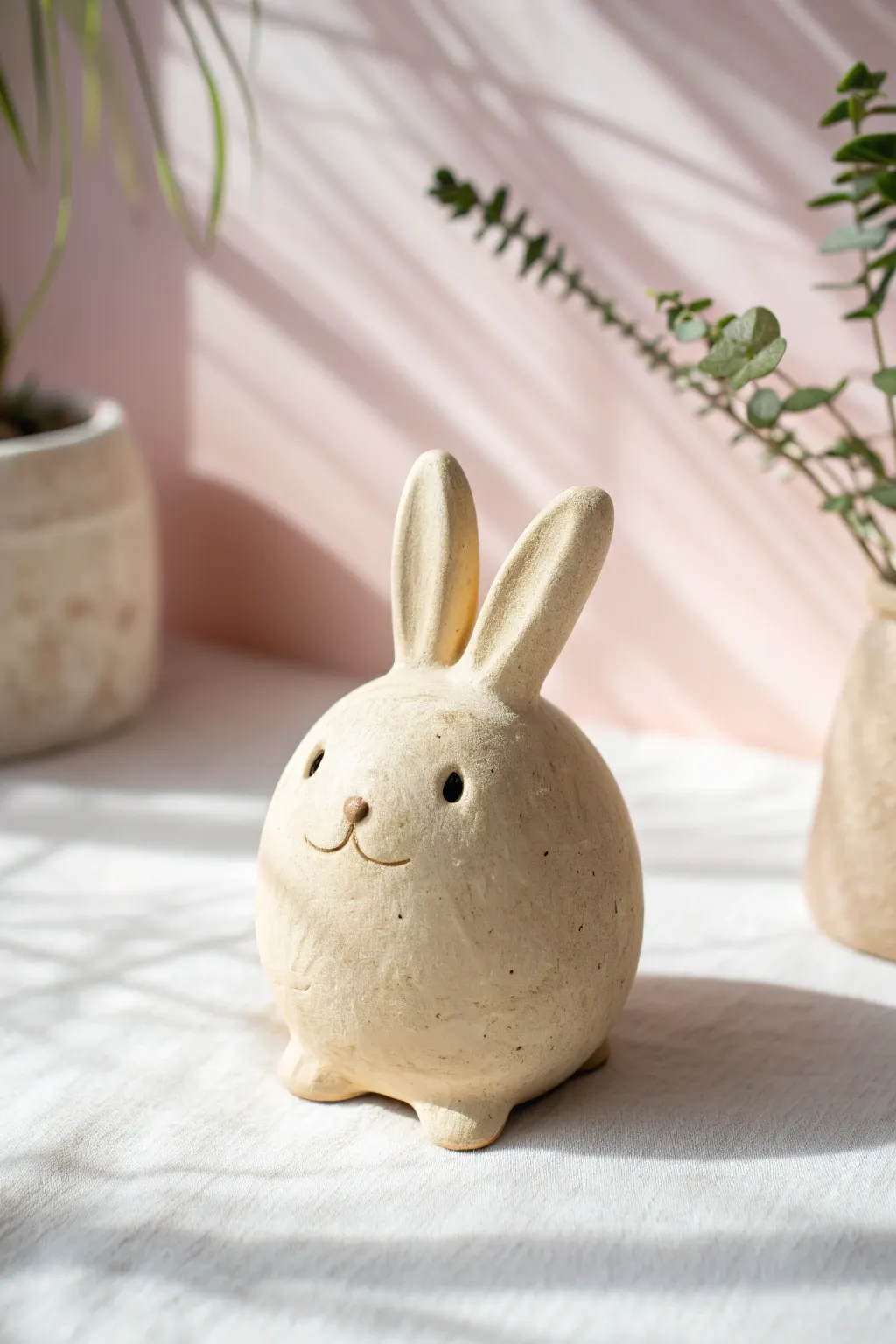 Round pinch pot bunny sculpture in minimalist Scandinavian style on a soft pastel background