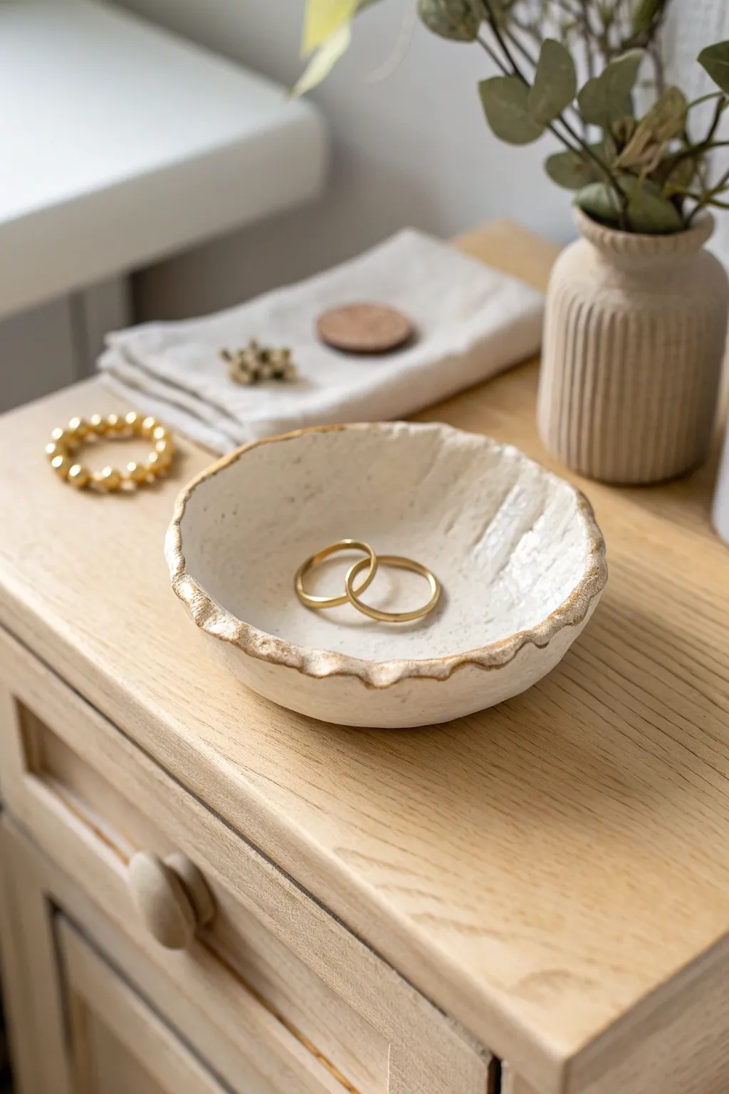 Minimal air-dry clay trinket dish with warm matte finish, perfect for rings by your bed.