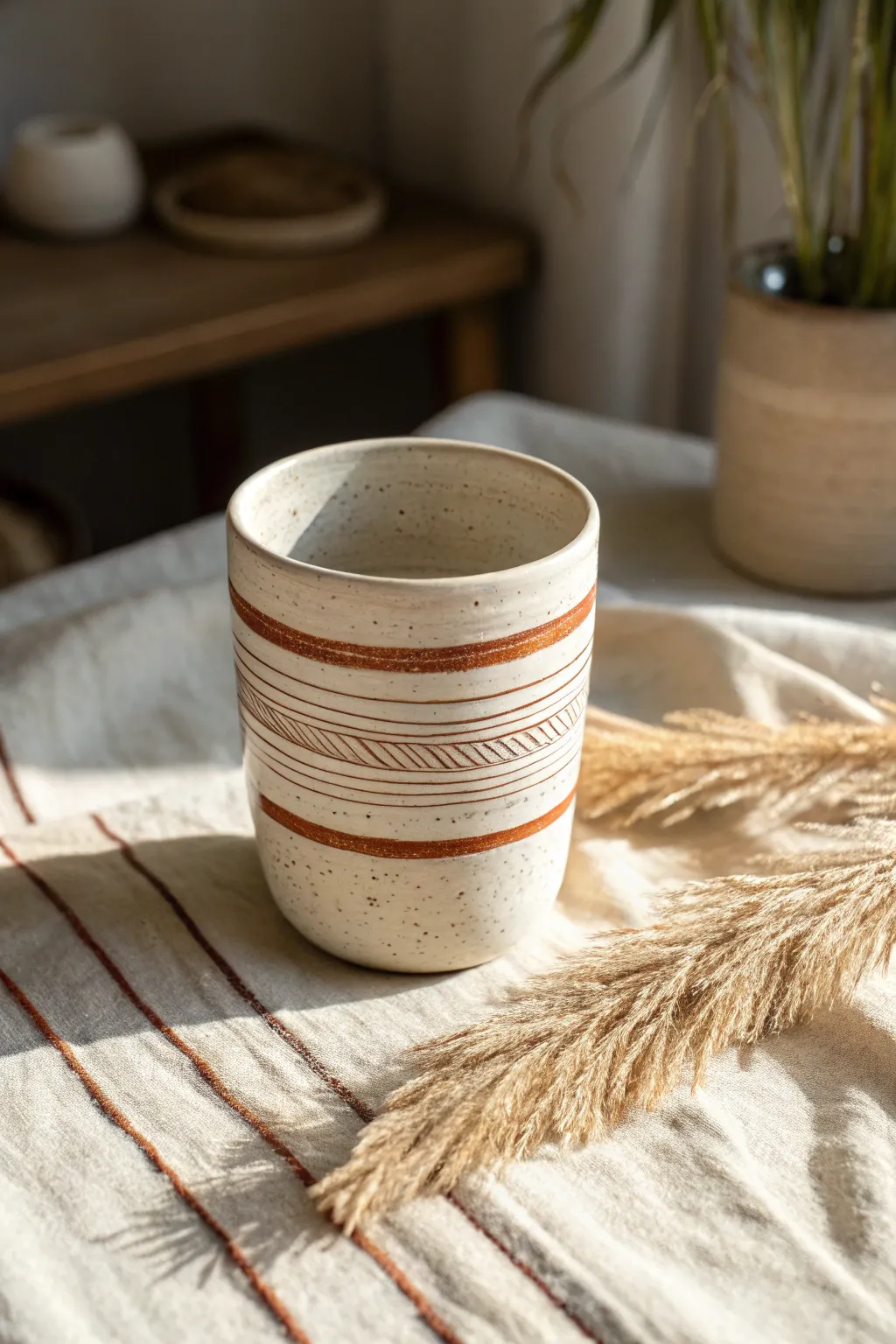 Classic sgraffito stripes: a minimal tumbler with crisp bands and bold contrast, handmade calm.