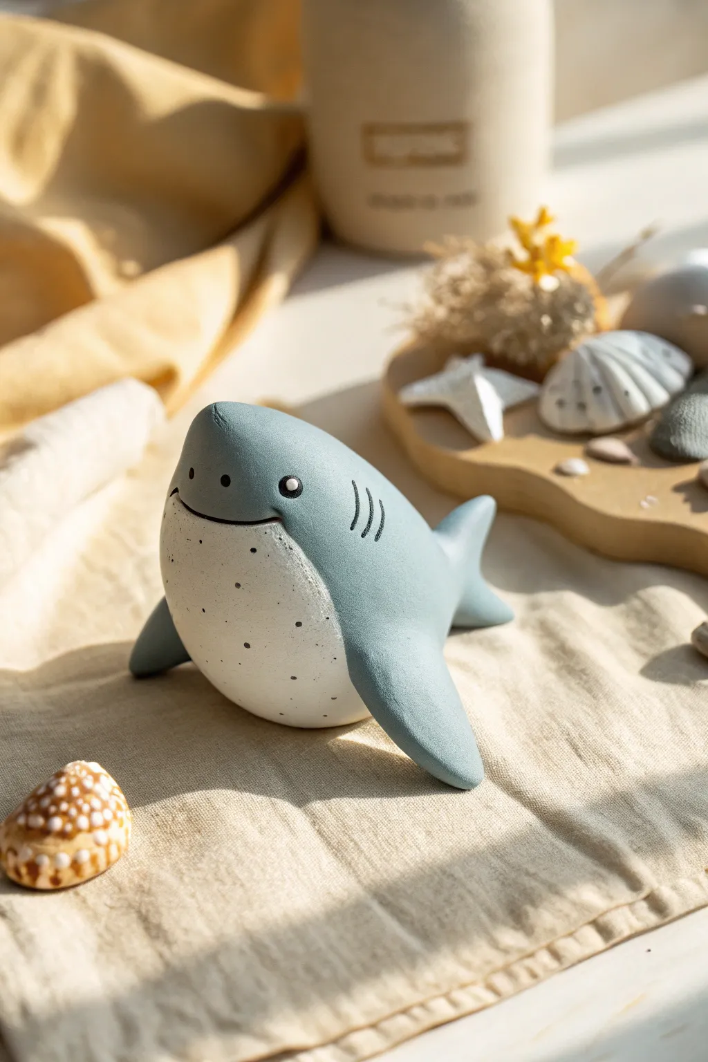 Classic cute mini clay shark, chubby and smiling, perfect beginner pottery figurine idea.