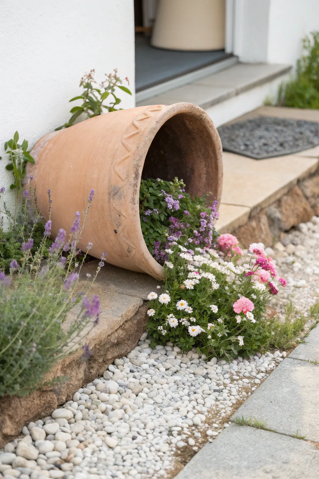 Sideways terracotta pot planter with cascading blooms, a simple spilled look for any garden bed