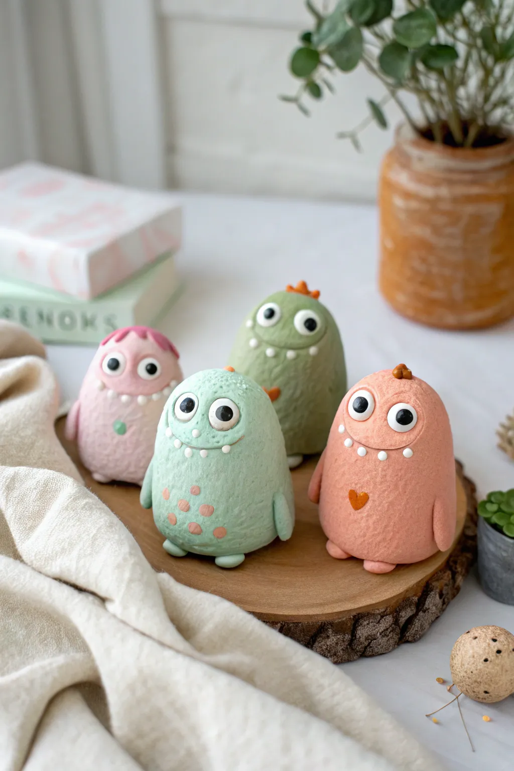 Googly-eyed blob monster trio in soft pastels, a silly clay idea made to display and smile at