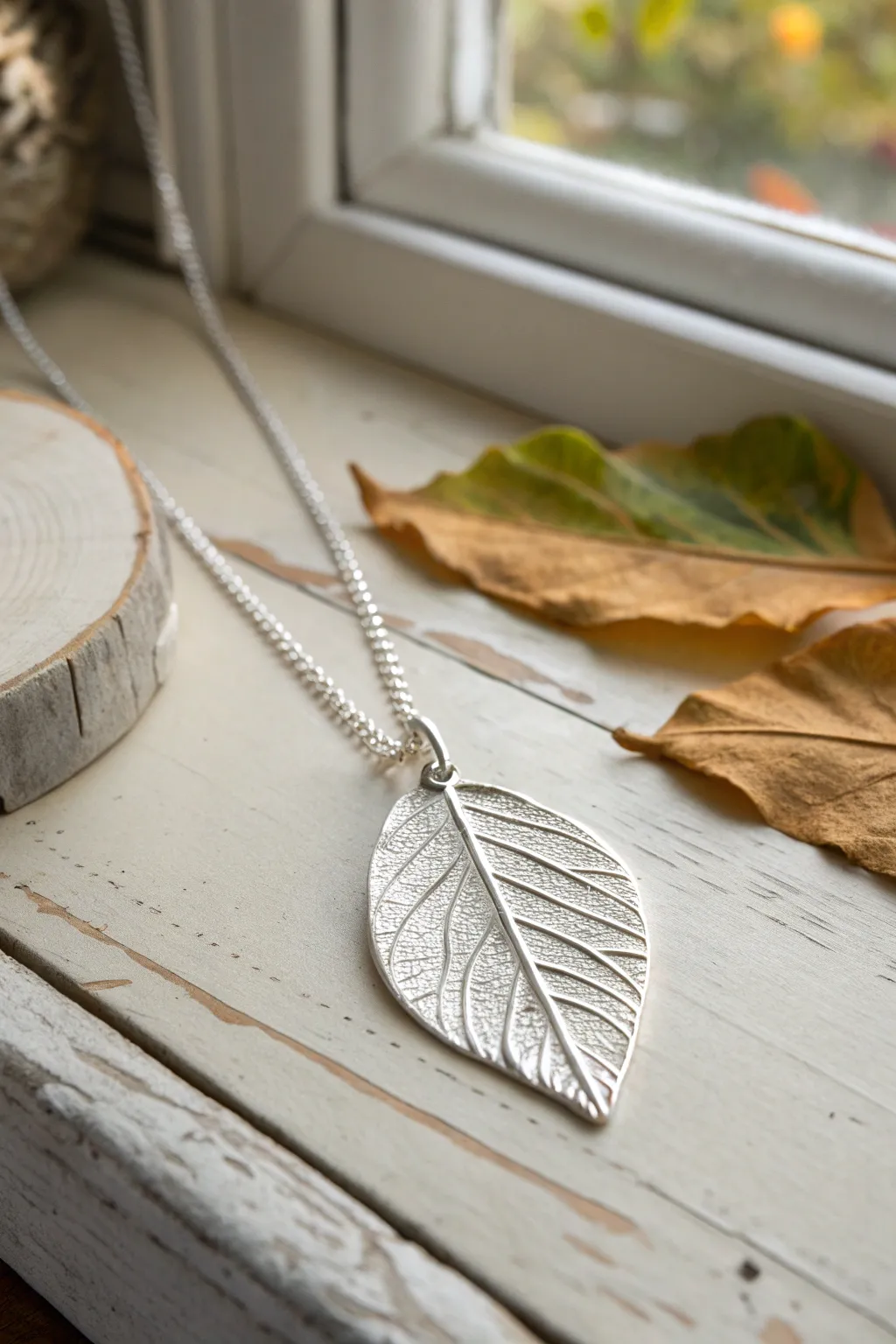 Leaf-imprint silver clay pendant with crisp veins, styled on warm wood with a real leaf nearby