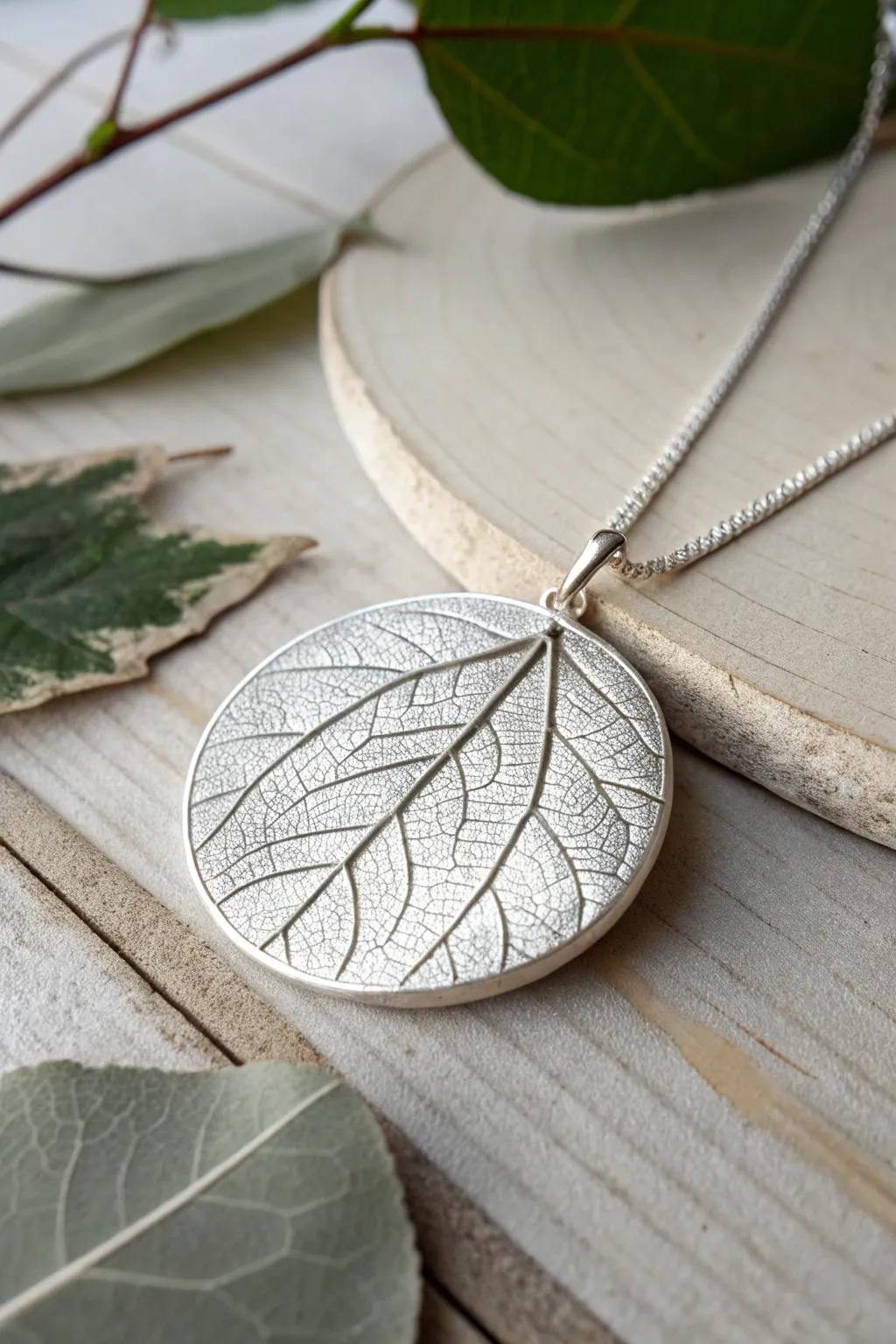 Botanical leaf imprint silver clay pendant with satin glow and patina veins, minimalist boho elegance.
