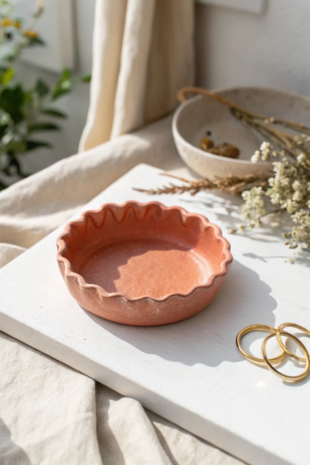 Simple air dry clay trinket dish in warm terracotta with rings, styled in soft Scandinavian boho light