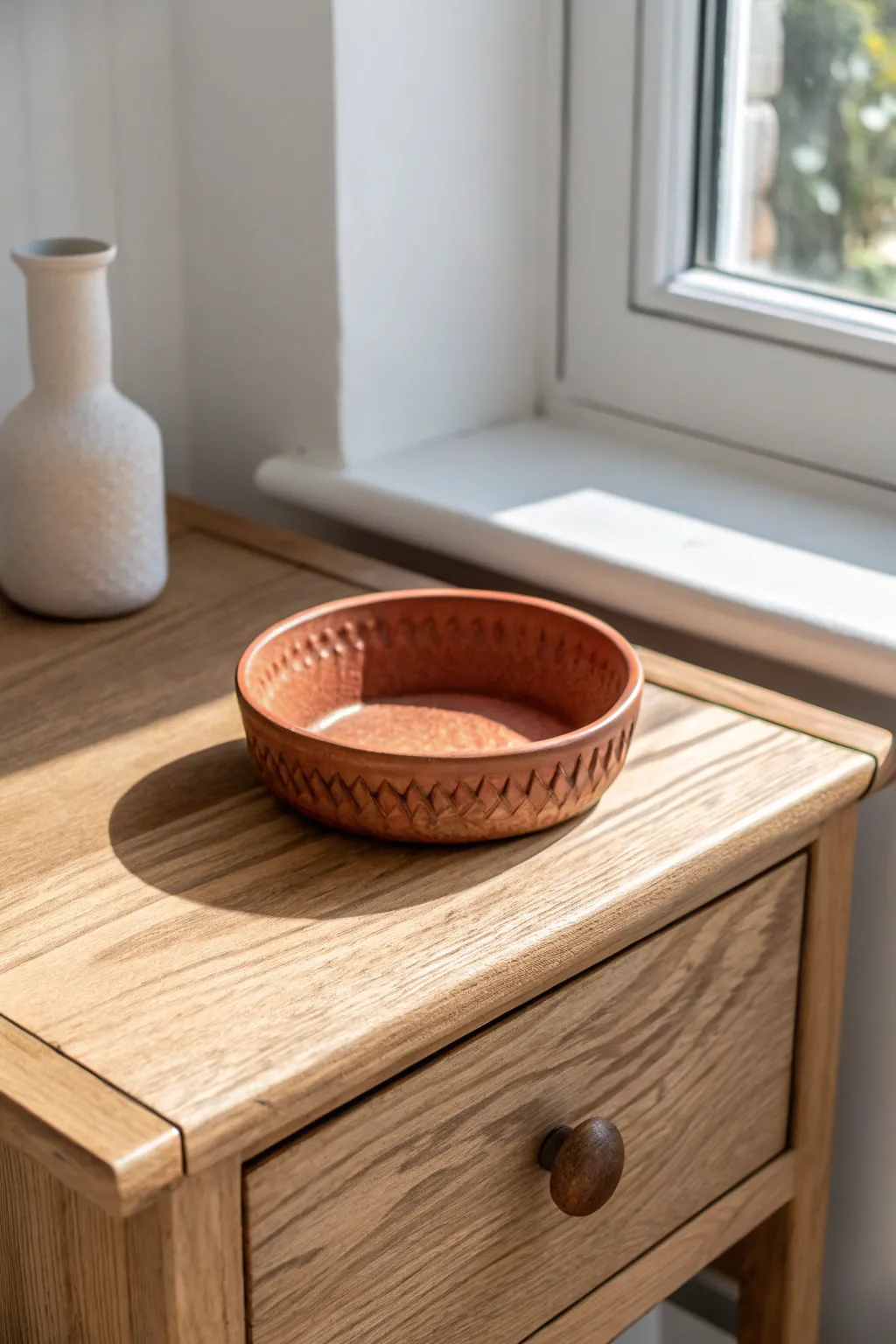 Classic pinched-edge air dry clay trinket dish in matte neutral tones for effortless bedside charm.