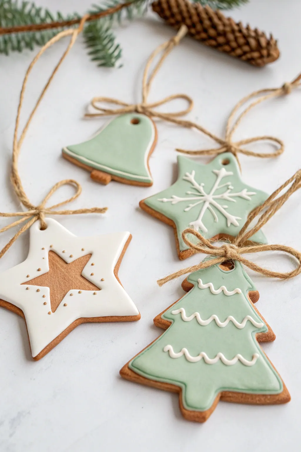 Minimal clay cookie-cutter ornaments with twine ties, simple details, and cozy Scandinavian charm