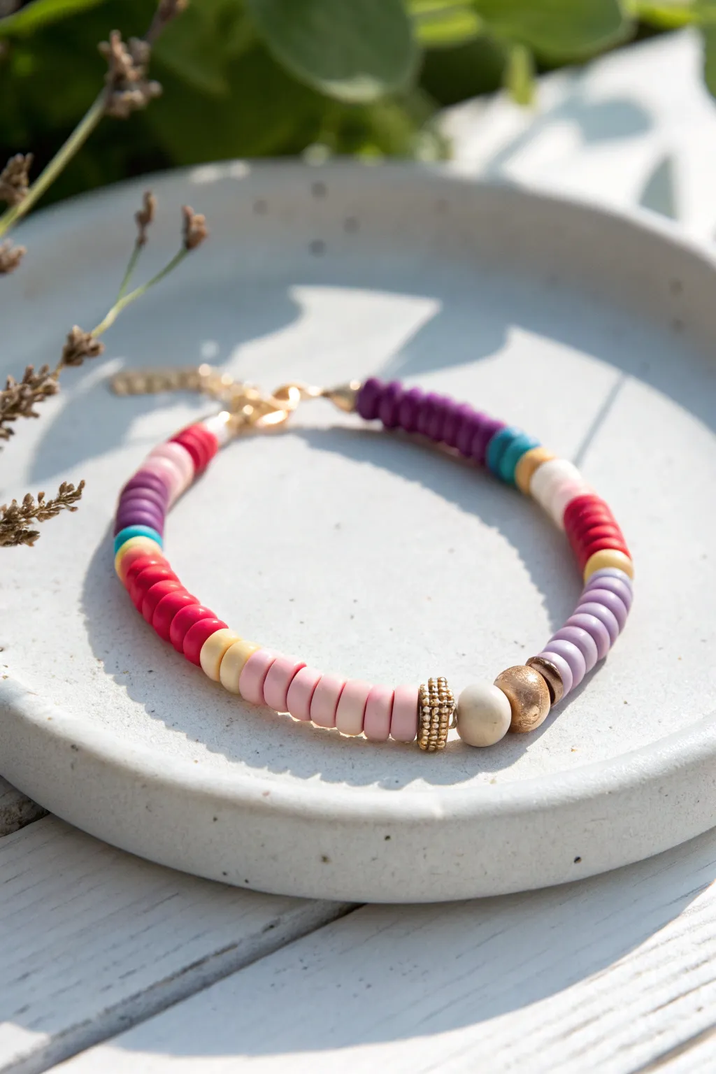 Classic rainbow heishi clay bead bracelet, minimal and bright on white with a neutral spacer detail