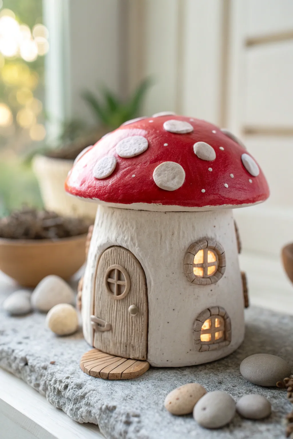 Classic mushroom roof clay fairy house with cozy door and tiny windows, simple and charming.