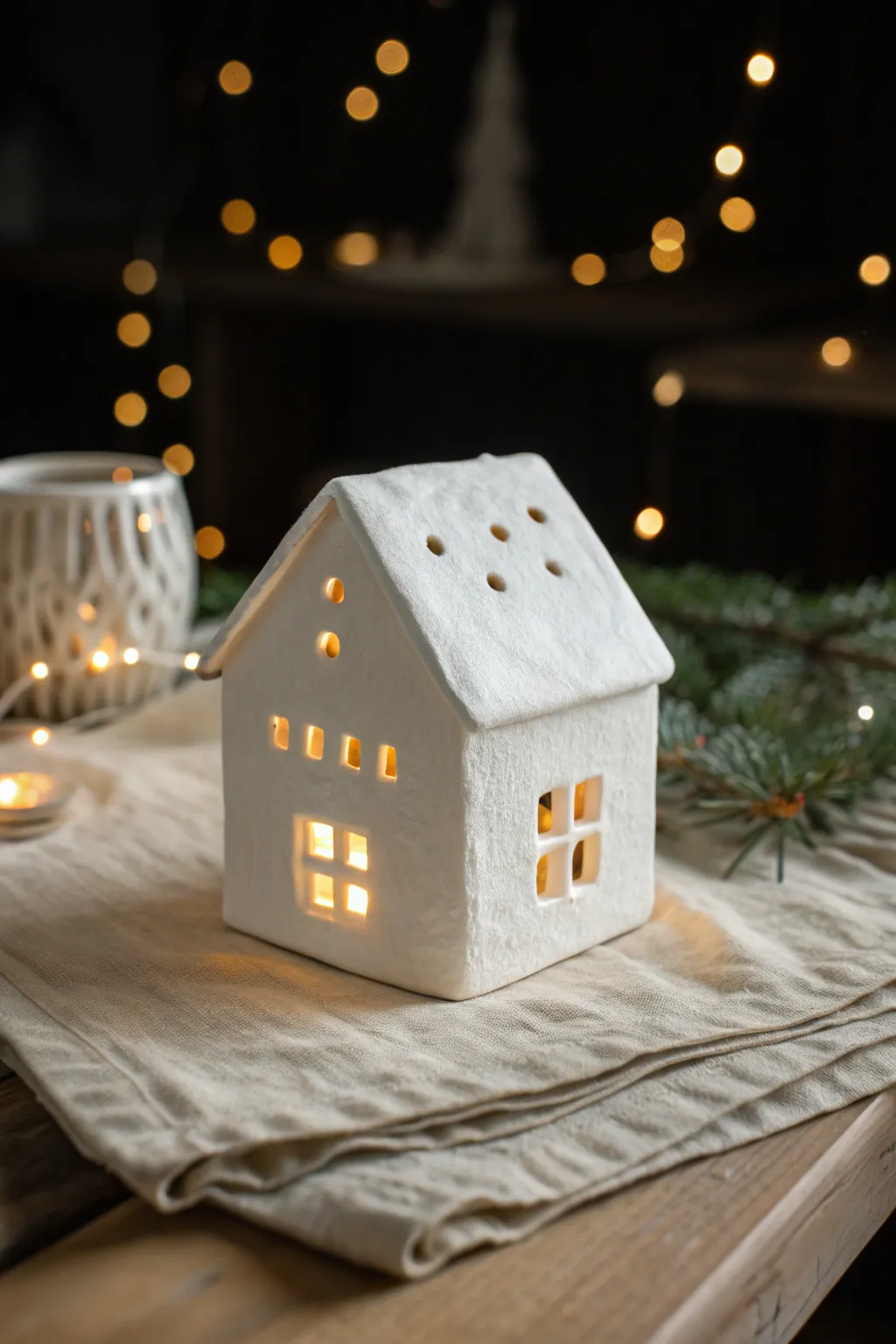 Minimal white clay house luminary glowing warmly through tiny windows in a cozy neutral scene