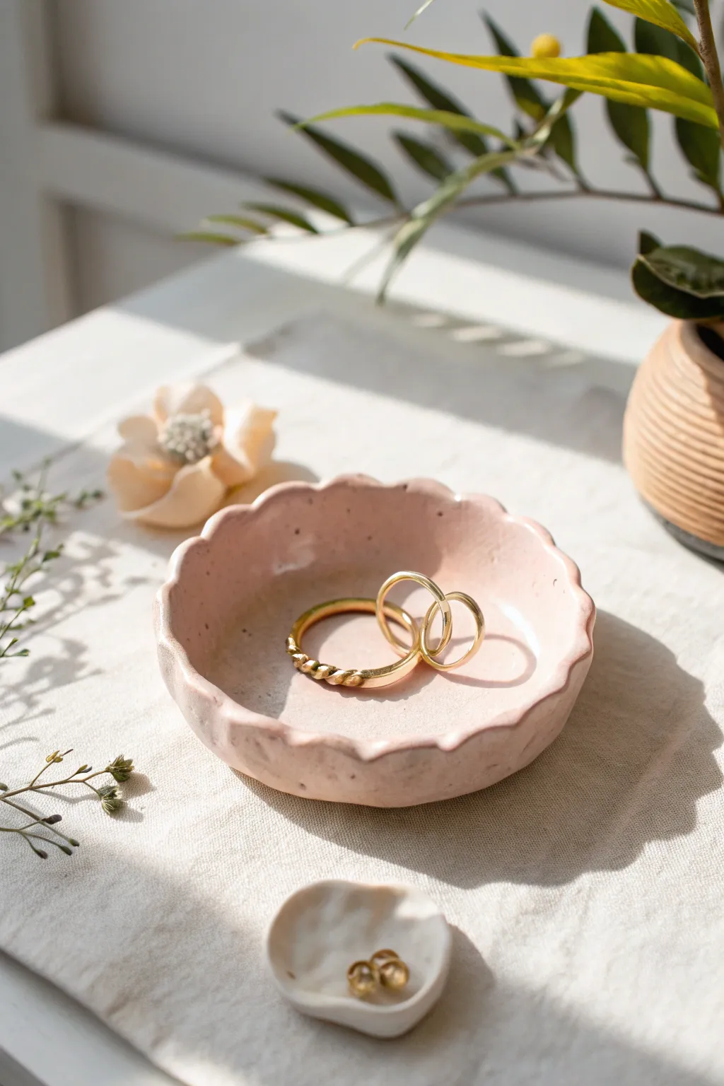 Blush clay trinket dish with a sweet pinched rim, perfect for rings and tiny treasures.