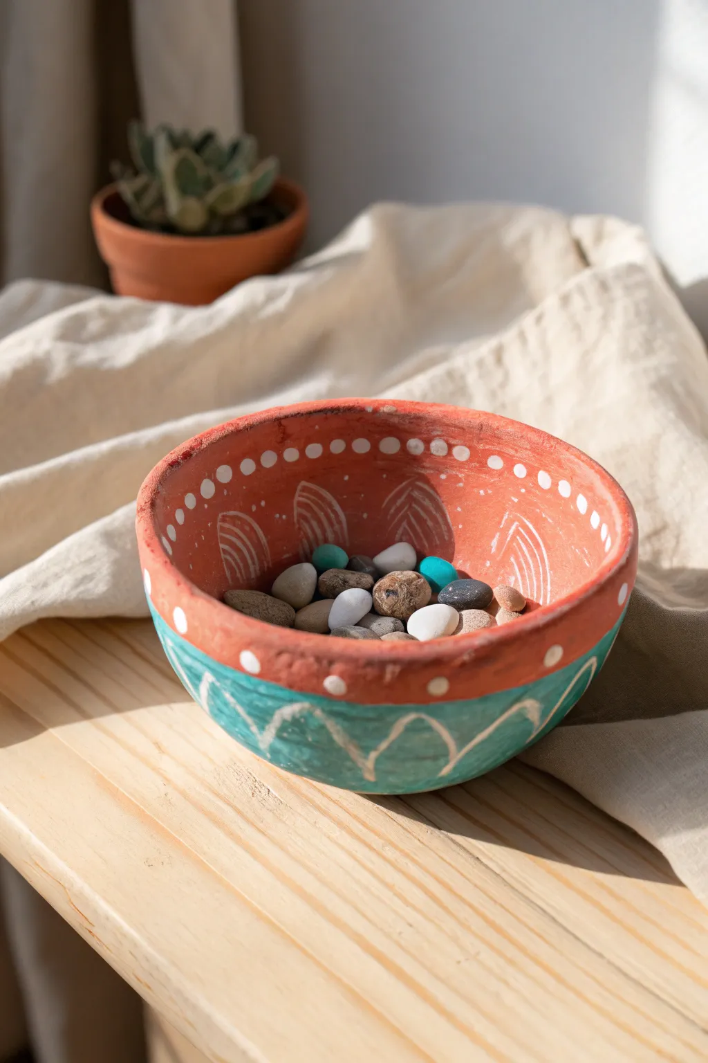 Colorful pinch pot treasure bowl with simple dots and tiny beads, bright and kid friendly
