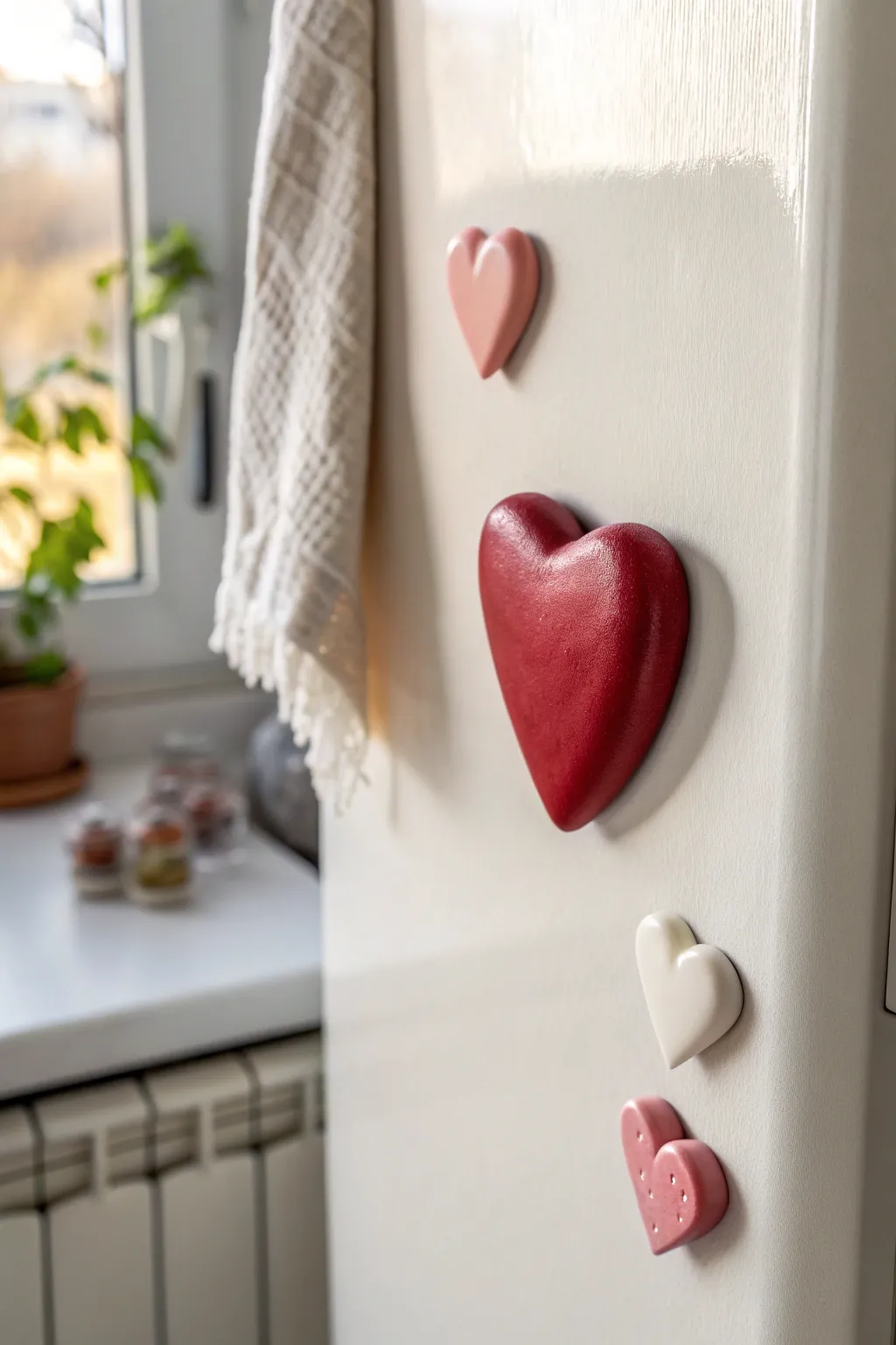 Classic puffy heart clay magnets in red, blush, and white for a sweet minimalist fridge accent