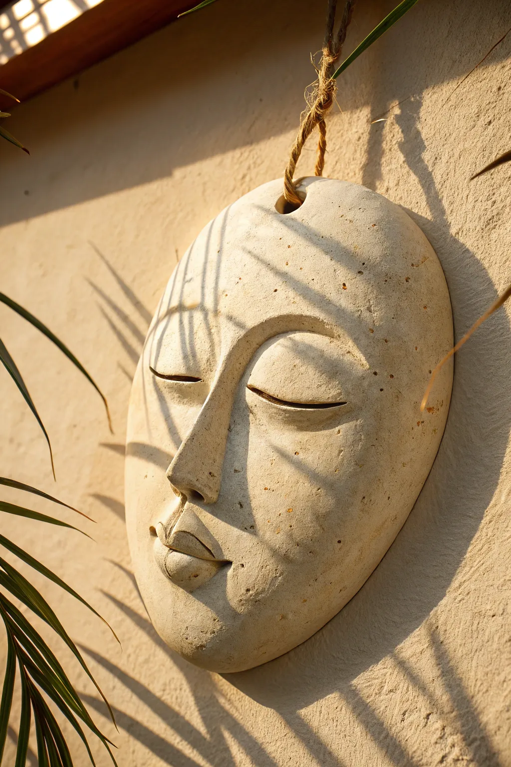 Classic calm clay mask wall hanging in soft light, minimalist boho style with natural texture.