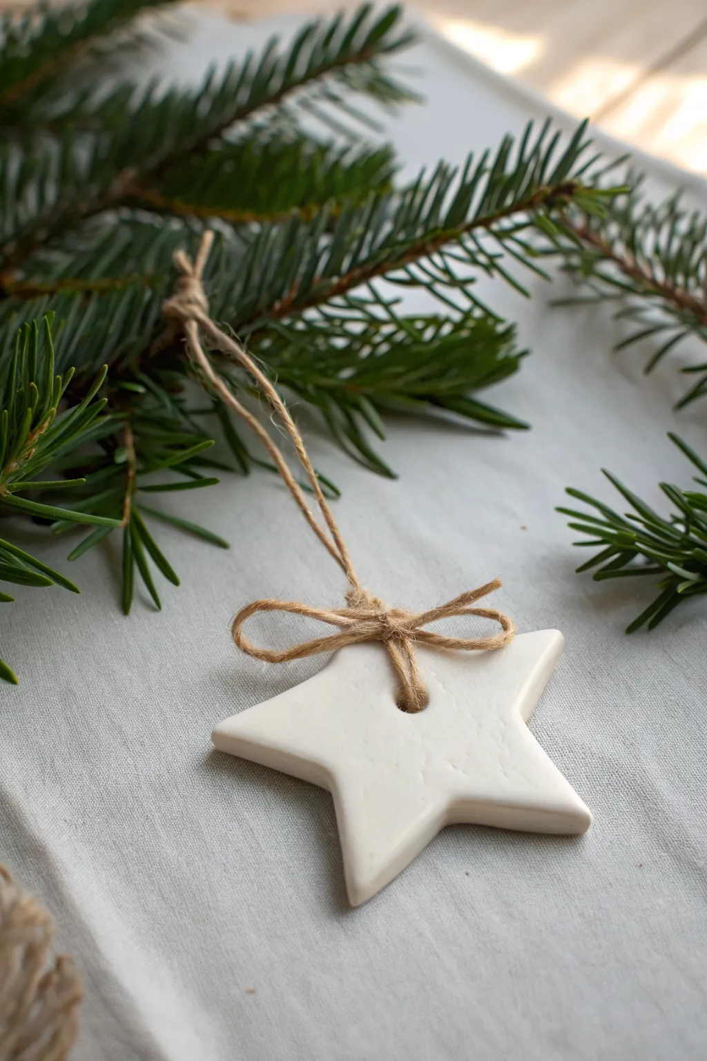 Matte white clay star ornament with twine, resting on evergreen for minimalist holiday charm.