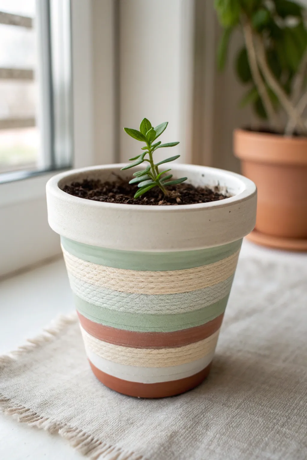 Classic tape-crisp stripes on a terracotta pot in soft neutrals for an easy, modern finish