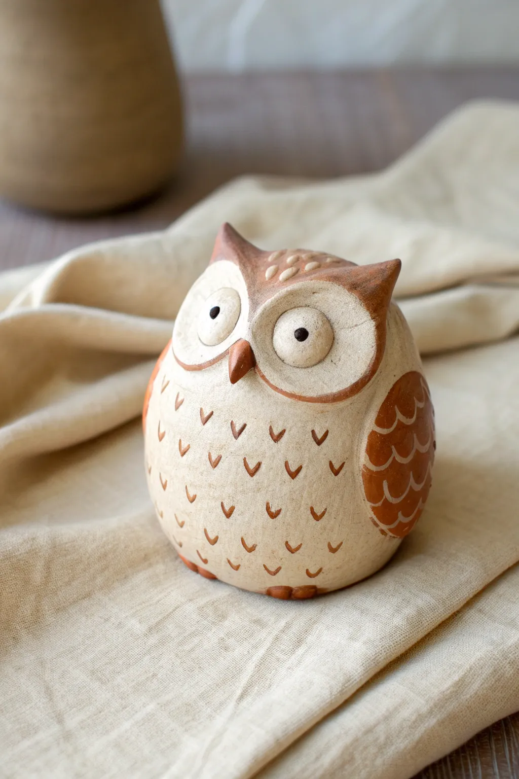 A cozy pinch-pot owl with simple dotted feathers, perfect for beginner-friendly clay sculpting.