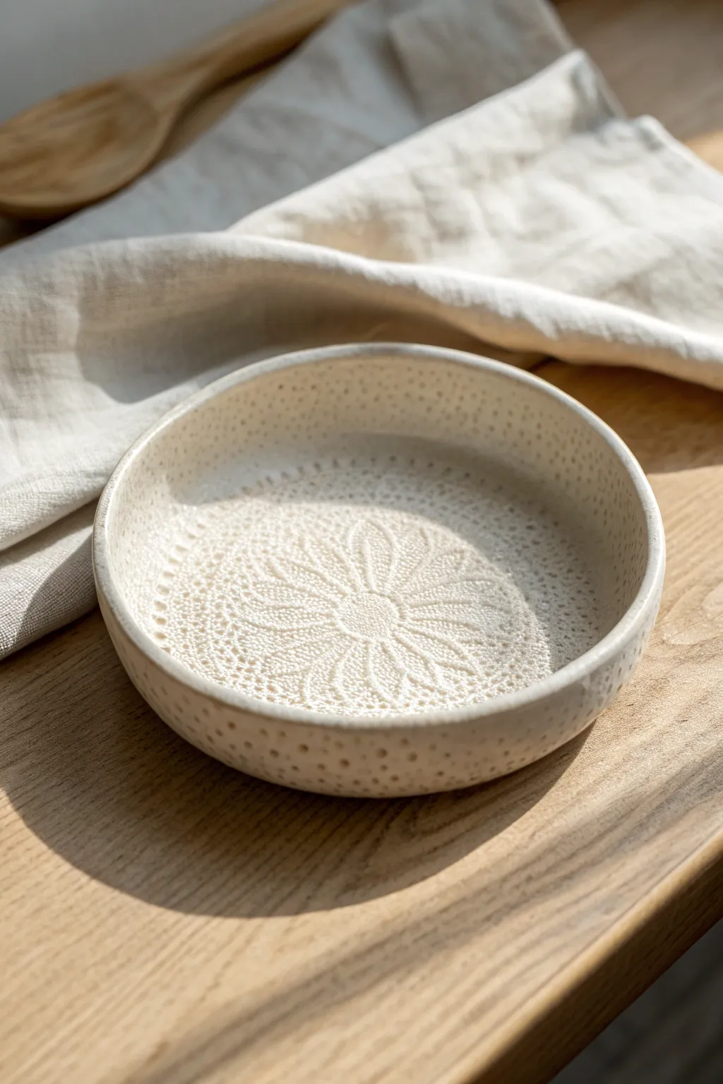 Minimal clay dish with a crisp lace imprint, softly lit to highlight delicate texture.