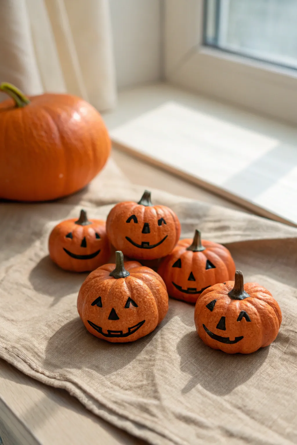 Classic mini clay jack-o-lanterns with playful faces in a cozy minimalist Halloween style